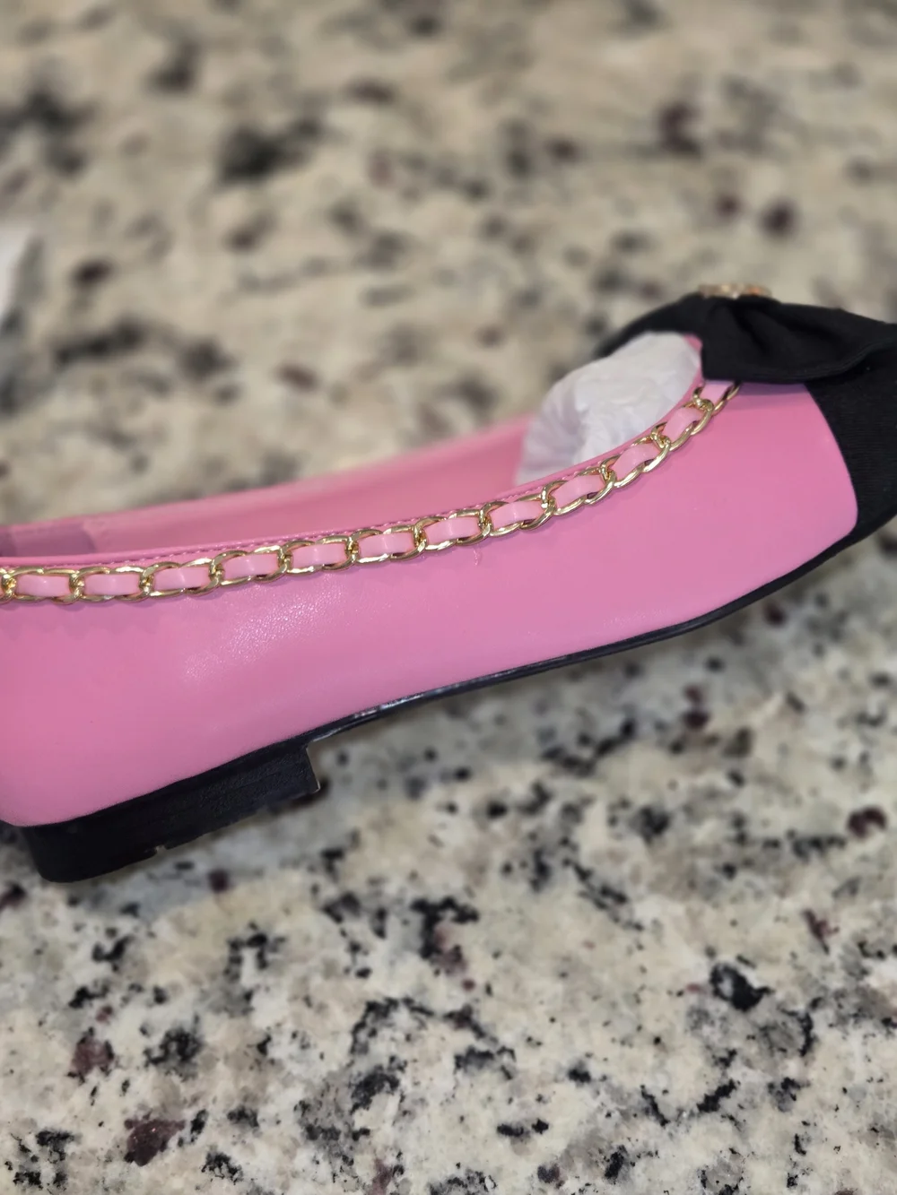 Chanel Pink & Black Bow Cap-Toe Chain Ballet Flats